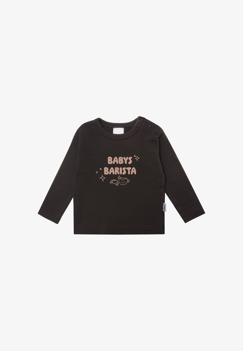 Schwarzes Babyshirt mit langen Ärmeln und Rundhalsausschnitt, auf dem der Text "BABY'S BARISTA" in hellbraun sowie Grafiken von einer Kaffeetasse und einem Croissant zu sehen sind.