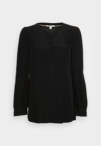 Blusa nera a maniche lunghe realizzata in tessuto morbido, con colletto rotondo, chiusura a bottoni e dettagli arricciati sulle spalle.
