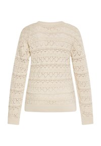 Gebreide trui in beige, met een textuurpatroon van diamanten en horizontale strepen, voorzien van lange mouwen en een ronde halslijn.