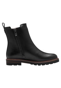 Bottine en cuir noir avec une fermeture éclair sur le côté, une finition texturée, un bout rond et une semelle en caoutchouc robuste avec une bordure brune contrastante.