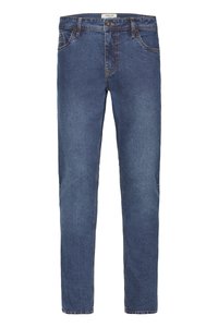 Mörkblå denimjeans med raka ben, klassisk design med fem fickor, kontrasterande sömmar och knappstängning i midjan.