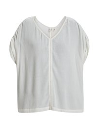 Top bianco a maniche corte con scollo a V, tessuto testurizzato e chiusura frontale con piccoli bottoni, caratterizzato da una vestibilità comoda e senza motivi visibili.