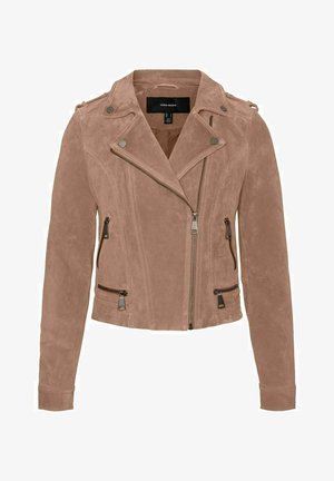 Pruun suede mootorratturi jope, millel on tõmblukkudega taskud, kaldu esisepp ja nööbiga detailid. Omab sobivat lõiget ja sileda tekstuuri.