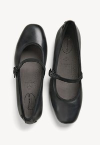 Schwarze Leder-Ballettschuhe mit runder Spitze, elastischem Riemen und gepolsterter Innensohle, Größe 37, gekennzeichnet als "weite Passform."