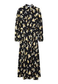 Robe noire à fleurs avec des manches longues, dotée d'un col, ornée de fleurs jaunes et de feuilles vertes, cintrée à la taille avec une ceinture assortie.