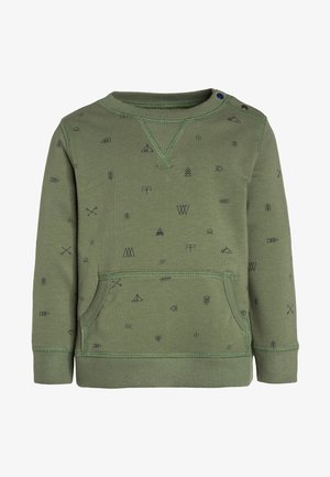 Sweatshirt vert avec un col rond, ornée de motifs géométriques noirs et d'une poche frontale. Confectionnée dans un matériau doux avec des poignets côtelés.