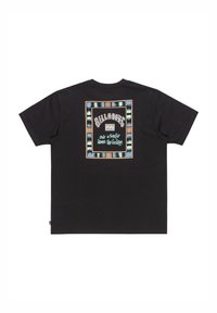 Black short-sleeve t-shirt featuring a colorful tribal-style graphic on the back, with the brand name and text in contrasting colors.