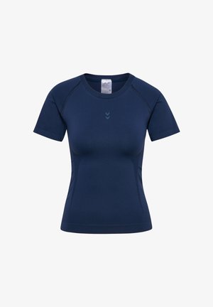 Marineblauw sportshirt met korte mouwen, een ronde hals, een getailleerd ontwerp en een gestructureerd patroon langs de zijkanten. Voorzien van een logo aan de voorkant.