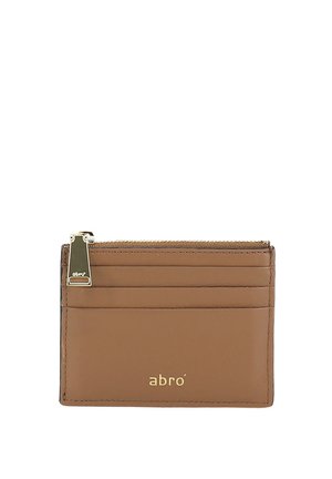 Brown leather cardholder with a zippered compartment, multiple card slots, and embossed logo in gold on the front. Smooth texture, compact design.