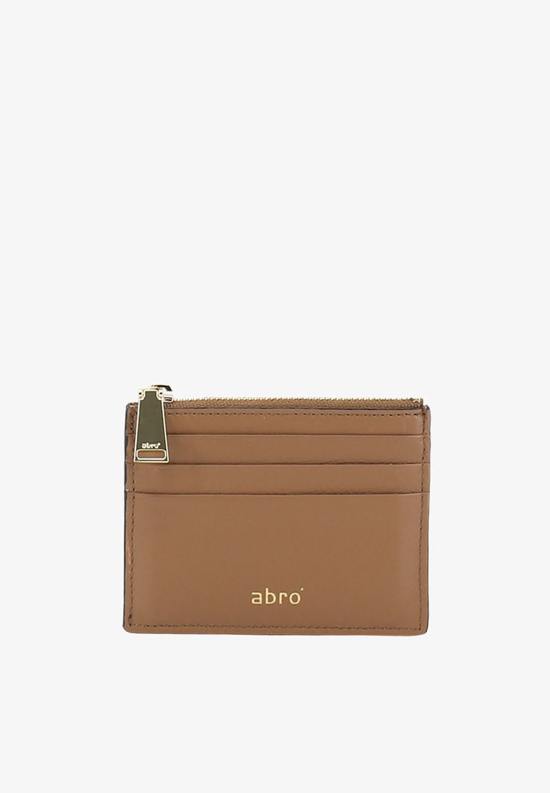 Brown leather cardholder with a zippered compartment, multiple card slots, and embossed logo in gold on the front. Smooth texture, compact design.