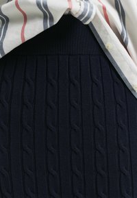 Gonna di maglia blu navy con un motivo a treccia testurizzato, vita a coste, abbinata a una camicia a righe con bottoni.