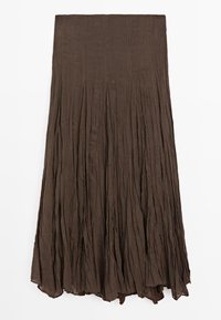 Mørkebrun, lang plisseret nederdel med en let krøllet tekstur, der blidt vidder ud mod kanten.