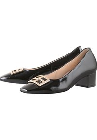 Escarpins en cuir verni noir avec bout pointu, détail de ferrures dorées et talon bloc de hauteur moyenne. Texture lisse avec une finition brillante.