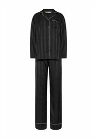 Svart pyjamasset med långa ärmar och raka byxor. Har vertikala ränder, en utsvängd krage och ljusa piping-accenter.