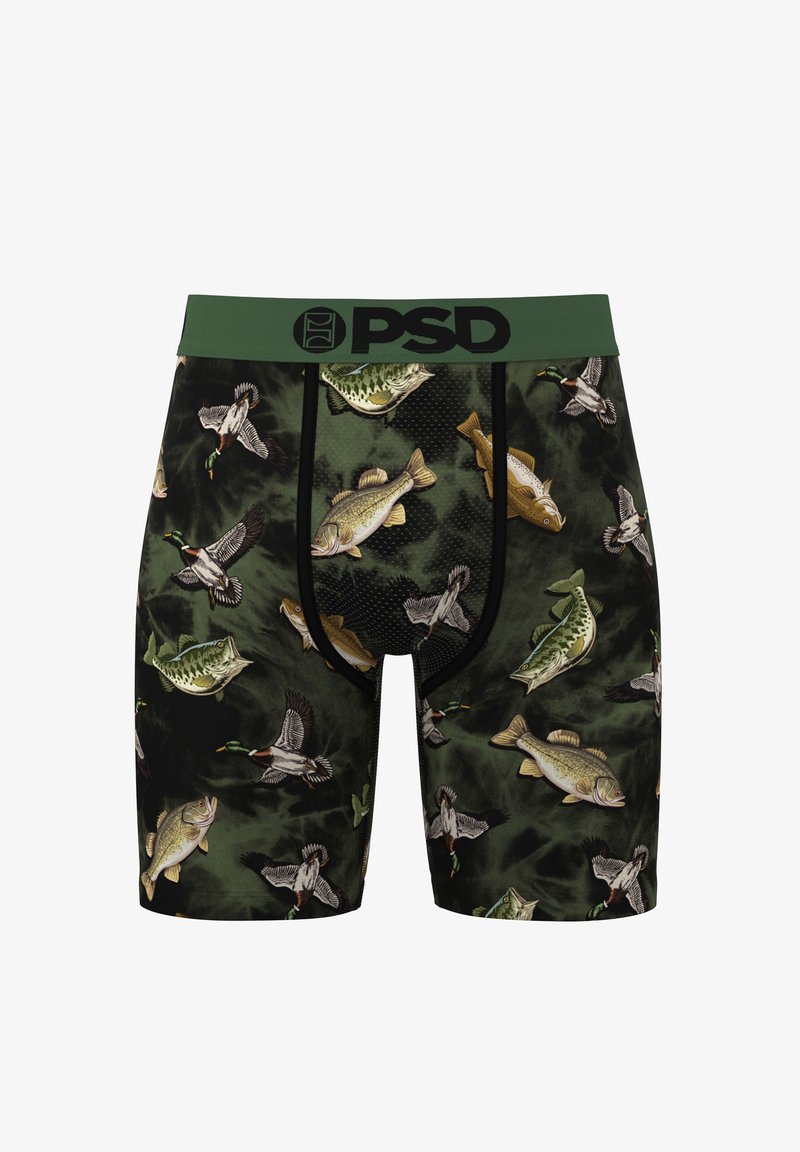 Fishing-themed boxer briefs in dark green. Features detailed fish and duck patterns, elastic waistband with "PSD" logo, fitted design.