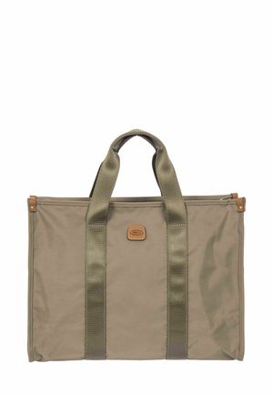 Borsa a spalla verde oliva con due ampie maniglie in tessuto, un'etichetta in pelle con logo e dettagli di cucitura, realizzata in materiale durevole.