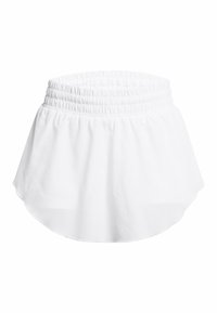 White elastic waist skirt, featuring a flared design with a smooth texture, cut to a rounded hem, crafted from lightweight fabric.