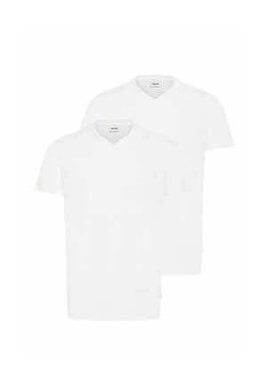 Bílé trička s výstřihem do V, krátké rukávy, vyrobené z bavlny. Měkká textura s volným střihem. Dvě trička zabalena dohromady.