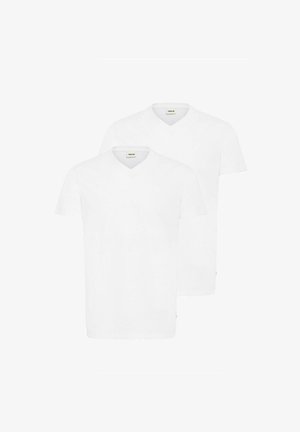 Balti V formos iškirptės marškiniai su trumpomis rankovėmis, pagaminti iš medvilnės. Minkšta tekstūra su laisvu prisitaikymu. Du marškiniai supakuoti kartu.