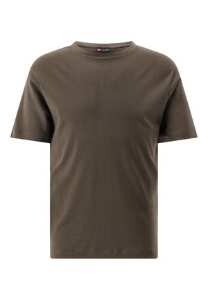 Olivgrünes T-Shirt mit kurzen Ärmeln und Rundhalsausschnitt sowie glatter Textur. Einfaches Design ohne Muster oder Akzente.