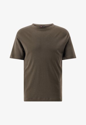 Olive green short-sleeve t-shirt with a round neckline and a smooth texture. Simple design with no patterns or accents.