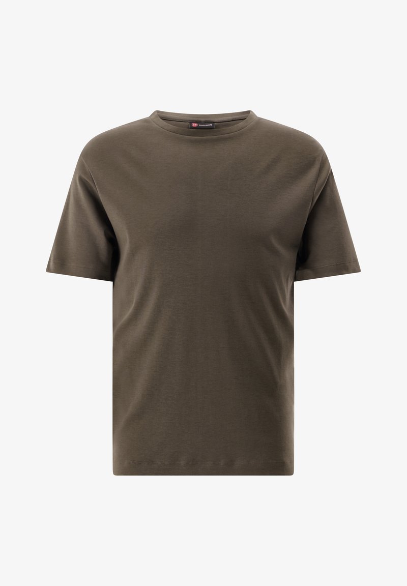 Olivgrünes T-Shirt mit kurzen Ärmeln und Rundhalsausschnitt sowie glatter Textur. Einfaches Design ohne Muster oder Akzente.
