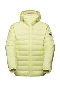 Helle gelbe isolierte Jacke mit Reißverschluss vorne, Kapuze und gepolstertem Design. Mit Logo auf der Brust und elastischen Bündchen. Hergestellt aus Pertex-Material.