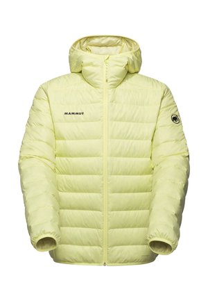 Giacca isolante gialla chiara con zip frontale, cappuccio e design voluminoso. Presenta un logo sul petto e polsini elasticizzati. Realizzata in materiale Pertex.