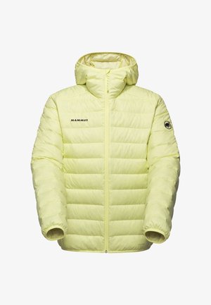 Helle gelbe isolierte Jacke mit Reißverschluss vorne, Kapuze und gepolstertem Design. Mit Logo auf der Brust und elastischen Bündchen. Hergestellt aus Pertex-Material.