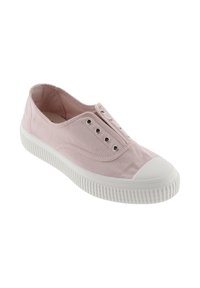 Scarpe slip-on in tela rosa con punta arrotondata in gomma bianca e suola in gomma bianca, dotate di occhielli in argento e senza lacci.