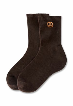 Pair of dark brown ribbed socks with an embroidered small pretzel design near the top cuff on a white background.