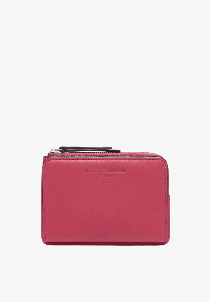 Pink leather wallet with a textured finish, rectangular shape, zip closure, and embossed brand logo on the front.