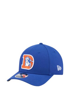 Blue baseball cap made of fabric featuring a white and orange Denver Broncos logo on the front, with a curved brim and a stitched logo on the side.