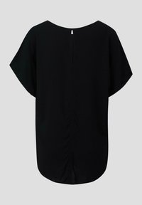 Blusa negra de manga corta con escote redondo, abertura en forma de llavero en la parte posterior, sutil fruncido en la parte central de la espalda y dobladillo curvado.