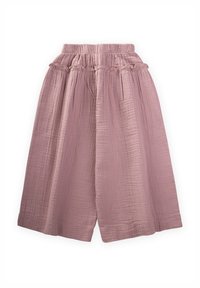 Rosa weit geschnittene Hose aus leichtem, strukturiertem Stoff mit einem elastischen Bund und einem gerafften Volant an der Oberkante.