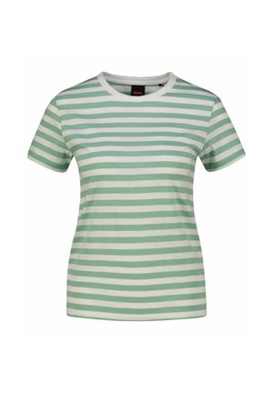 T-shirt manches courtes pour femme avec des rayures horizontales vert clair et blanc et un col rond.