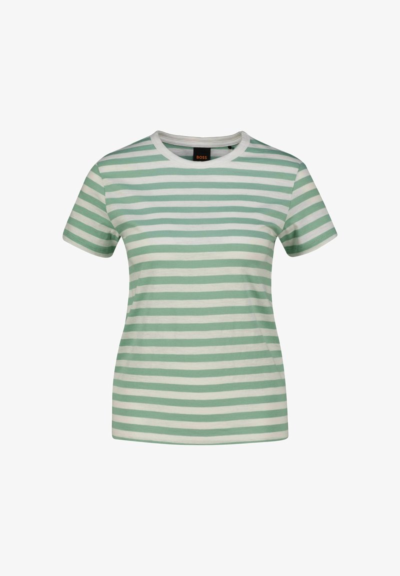 T-shirt manches courtes pour femme avec des rayures horizontales vert clair et blanc et un col rond.