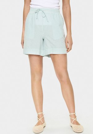 Shorts a righe blu chiaro e bianche realizzati in tessuto morbido, con una vita elasticizzata dotata di stringa. Vestibilità casual e rilassata.