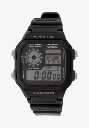 Digital wristwatch with a black rubber strap, rectangular case, and lens. Displays time, world time map, and buttons for alarm and light.