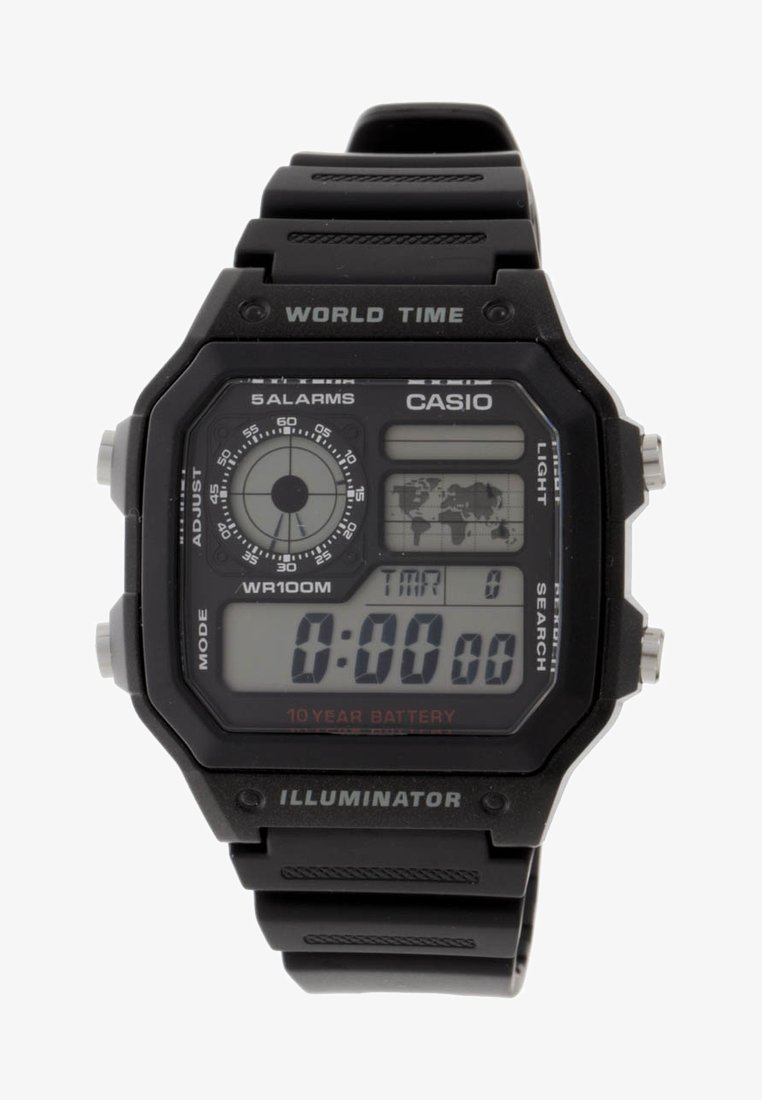 Digital wristwatch with a black rubber strap, rectangular case, and lens. Displays time, world time map, and buttons for alarm and light.