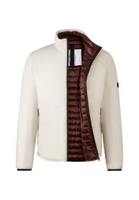 Leichte Cremejacke mit hohem Kragen und braunem Innenfutter. Mit Reißverschluss und seitlichen Taschen, aus einem glatten, eleganten Material.
