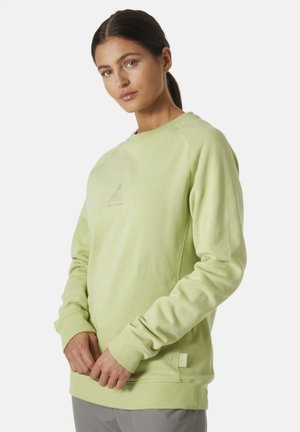 Sudadera verde claro de tejido suave, con cuello redondo, puños acanalados y un logo de triángulo bordado en el frente.