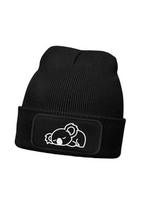 Black knitted beanie with a ribbed texture. Features a rectangular patch displaying a white sleeping koala design.