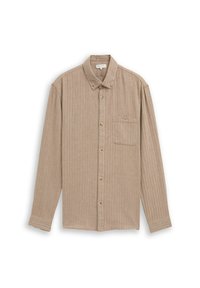Beige Hemd mit langen Ärmeln und einem strukturierten, vertikalen Streifenmuster. Knopf-Design mit einer Brusttasche. Klassischer Kragen und Knopfdetails.