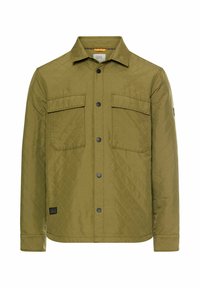 Olive green, quilted jacket with a shirt collar, two front pockets, and black snap buttons. Features a branded tag on the lower side.