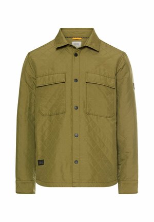 Olive green, quilted jacket with a shirt collar, two front pockets, and black snap buttons. Features a branded tag on the lower side.
