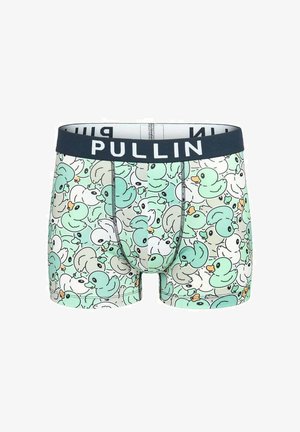 Boxer pour hommes avec un motif de canards en caoutchouc verts et blancs et une ceinture bleu marine avec l'inscription "PULLIN".