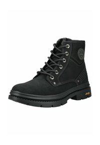 Bota de cuero negra con cordones grises, punta redonda, collar acolchado, ojales metálicos y marca Jeep en amarillo en la suela. Acabado texturizado.