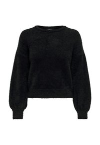 Black, fluffy sweater with long, balloon sleeves and a ribbed hem. Round neckline, soft texture, and casual cropped design.