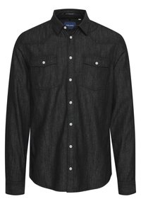 Mustat farkkiset pitkähihainen paita, jossa on terävä kaulus, kaksi rintataskua ja valkoiset napit. Pehmeä kangas, jossa on kevyt kiilto.